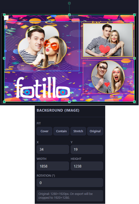Fotillo Template Editor with dark textured background image showing green resize handles for position and scale adjustment