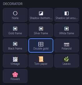 Fotillo Template Editor decorator selection grid showing shadow, frame, polaroid, vintage, torn paper, leaves and flower options