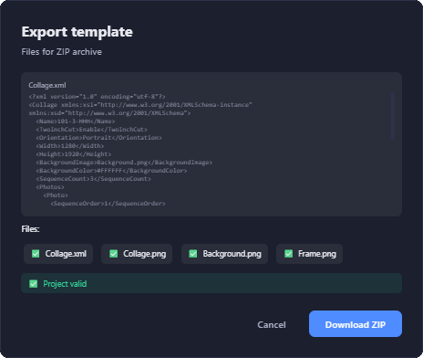 Fotillo Template Editor export dialog showing Collage.xml preview, complete file list with checkmarks and Download ZIP button