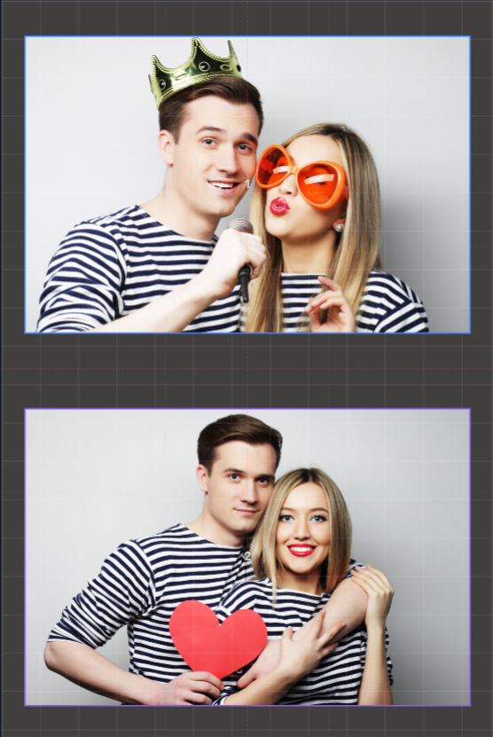 Fotillo Template Editor canvas with grid overlay enabled showing 100-pixel grid lines, centre cross and rule-of-thirds composition guides