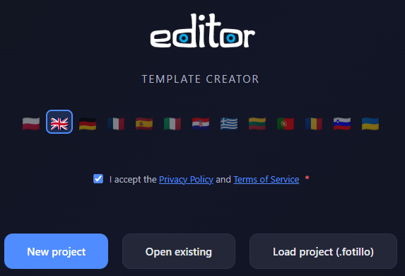 Fotillo Template Editor home screen with Fotillo logo, language flags and three action buttons for new project, import and load