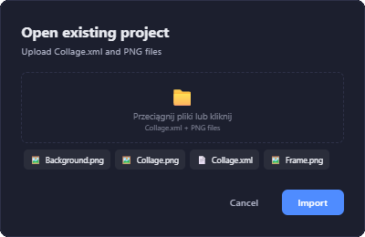 Fotillo Template Editor import dialog with file drop zone showing uploaded Collage.xml and PNG files ready for import