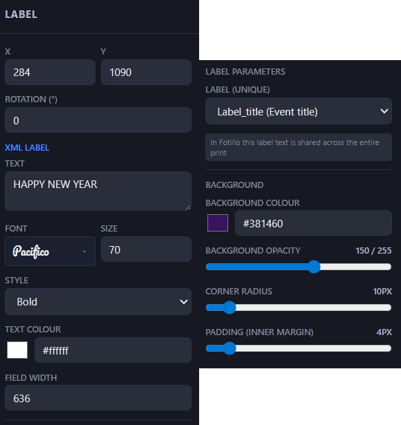 Fotillo Template Editor label properties panel showing text input, font selector, style options, colour pickers, background opacity slider and padding controls
