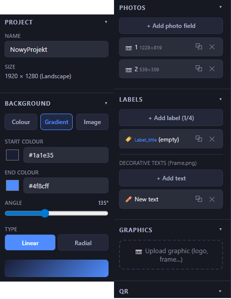Fotillo Template Editor left sidebar with collapsible sections for project settings, background, photos, labels, graphics and QR code