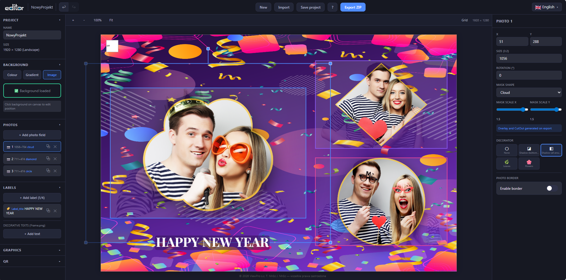 Fotillo Template Editor photo with heart-shaped mask applied, showing golden border preview and scale adjustment sliders