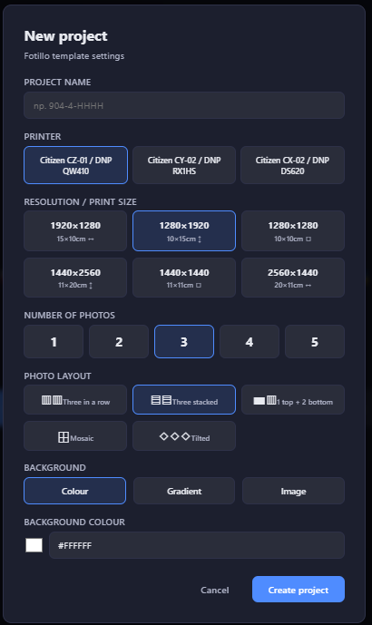 Fotillo Template Editor new project wizard showing printer selection, resolution grid, photo count selector and layout presets