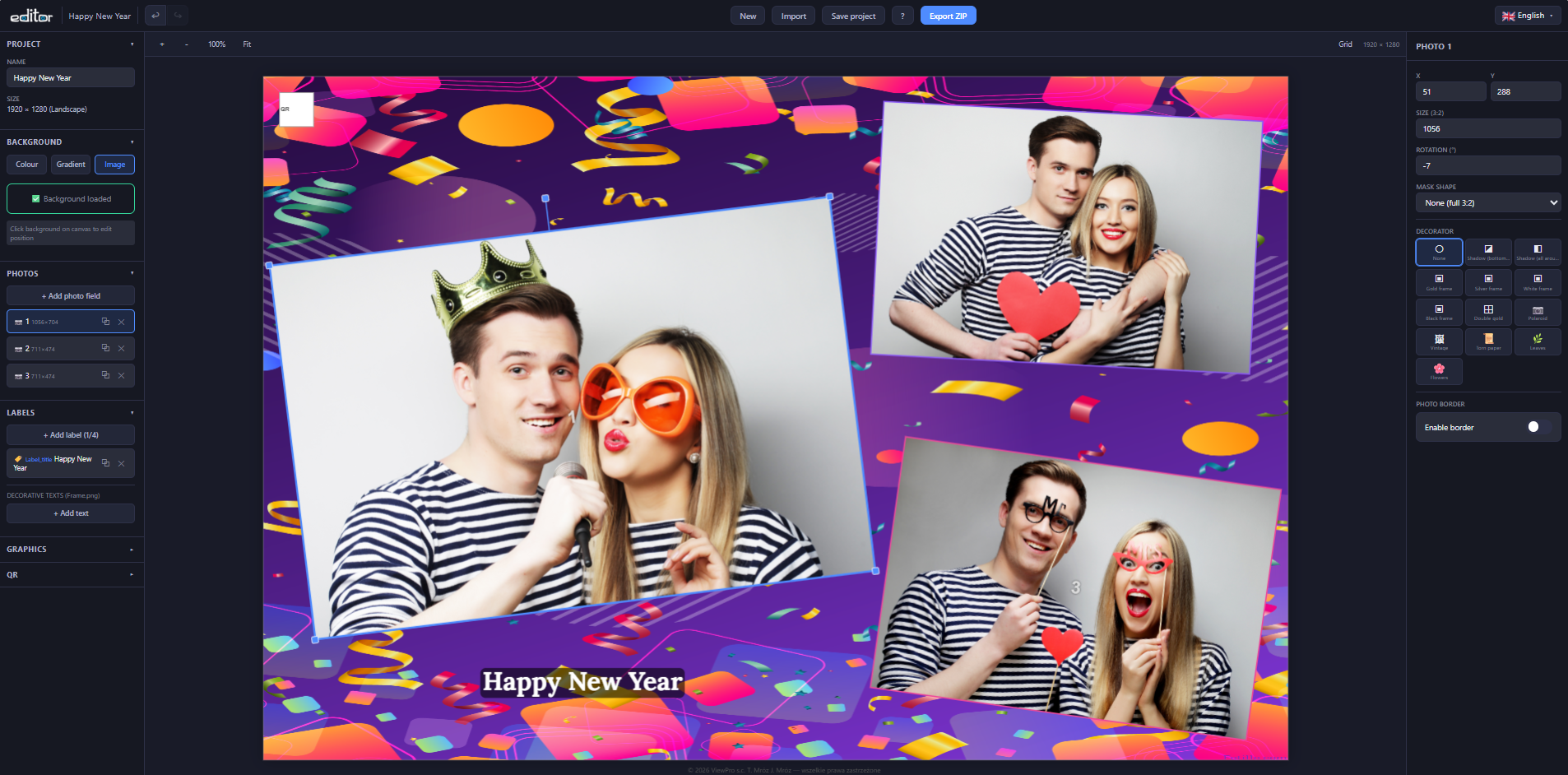 Fotillo Template Editor — main interface with photo booth template design showing left sidebar, canvas and properties panel