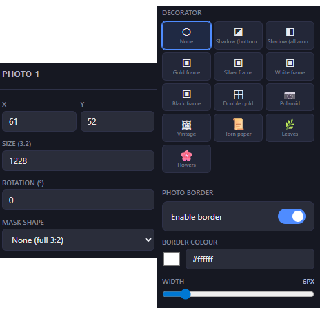 Fotillo Template Editor right properties panel showing photo settings with position, size, mask shape selector, mask scale sliders and decorator options