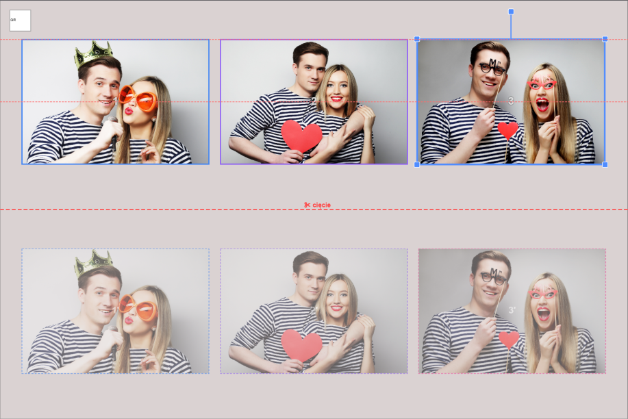 Fotillo Template Editor showing red alignment guide lines while dragging a photo to snap to canvas centre and another photo edge