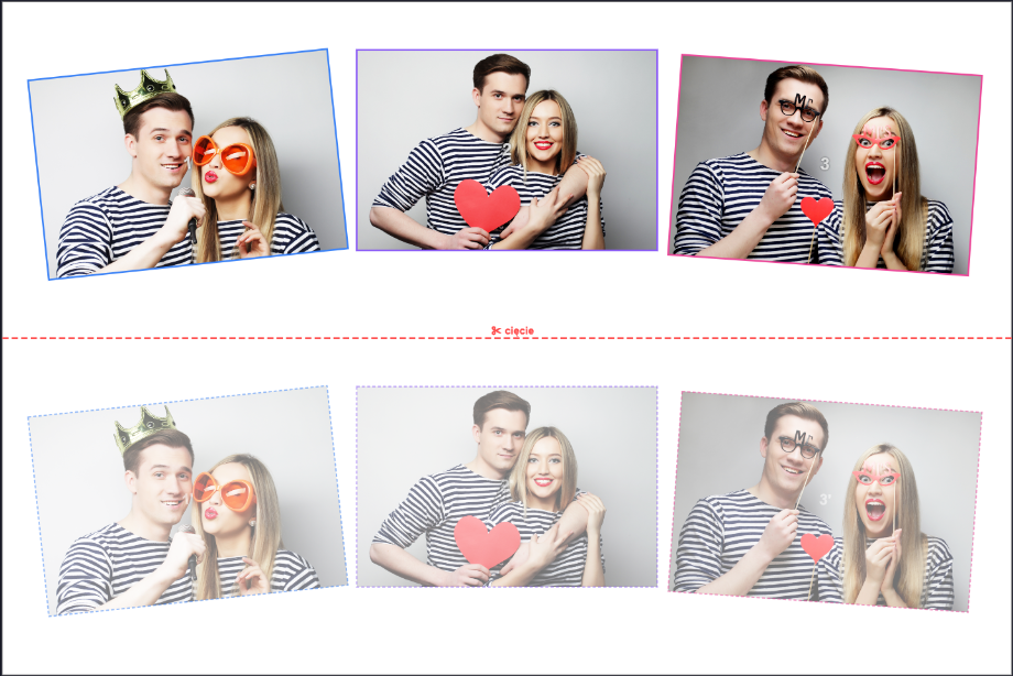Fotillo Template Editor in strip mode showing red dashed cut line, original photos in top half and ghost duplicate preview in bottom half